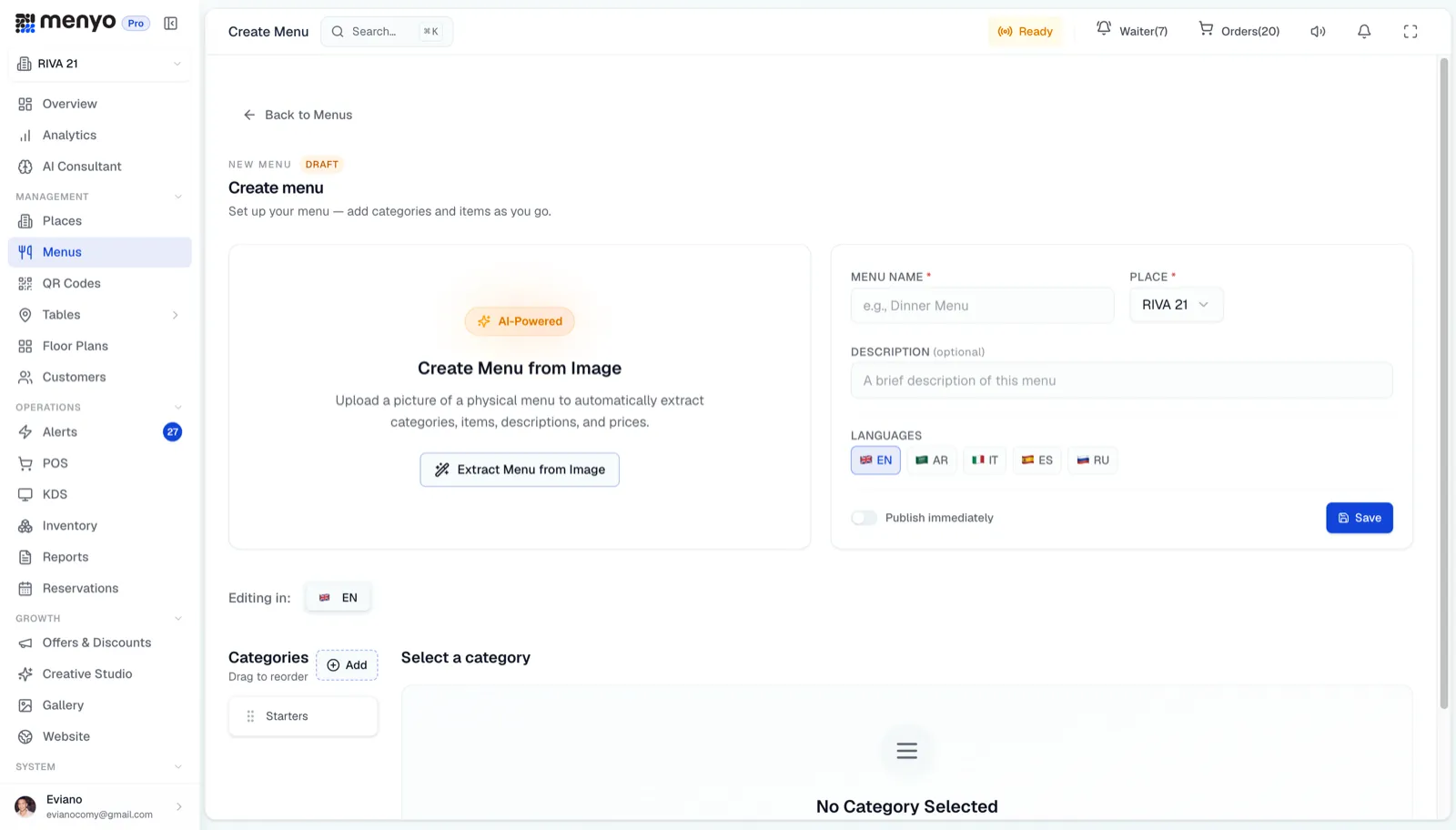 Menyo admin, a menu being created from a photo of the paper menu